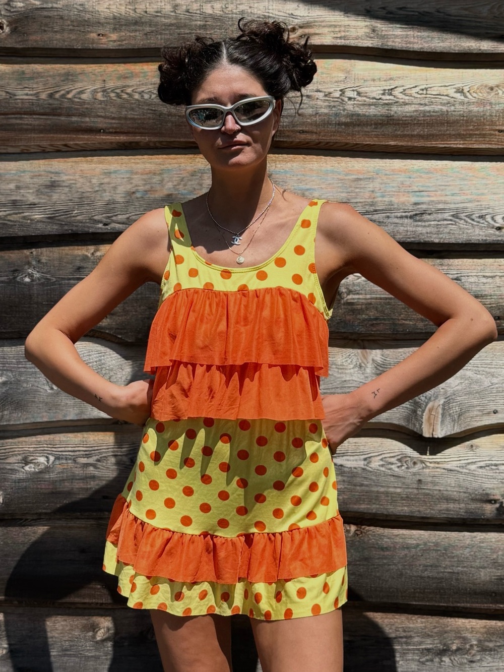Weird Funky Vintage Yellow & Orange Polka Dot Ruffle MiniDress Swim Dress Romper